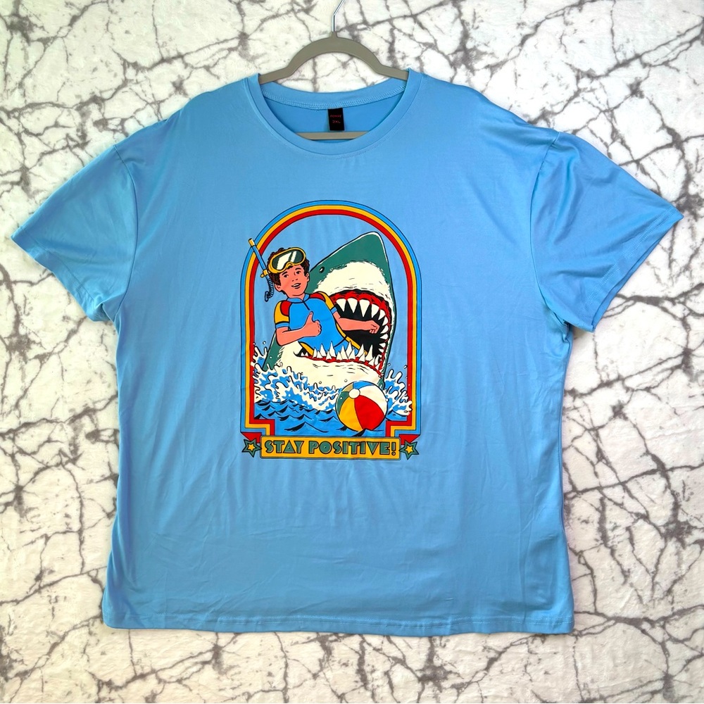 ROMWE Stay Positive Shark T-Shirt Men's XXL Light Blue Beach Snorkler Shark Poly